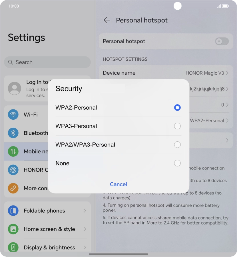 Press WPA3-Personal to password protect your Wi-Fi hotspot.