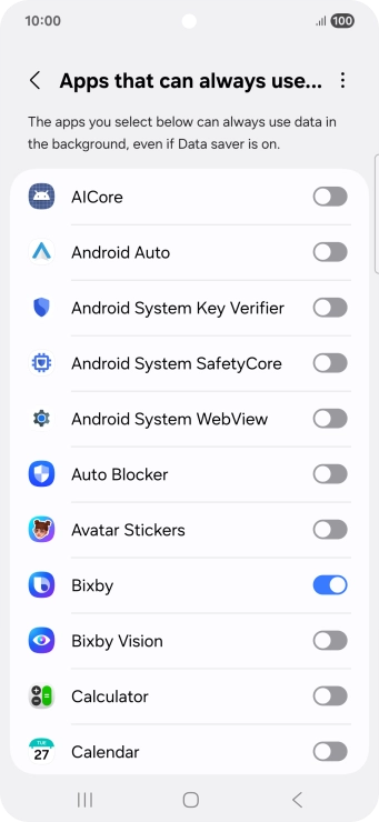 Press the indicators next to the required apps to turn the function on or off.