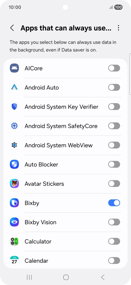 Press the indicators next to the required apps to turn the function on or off.