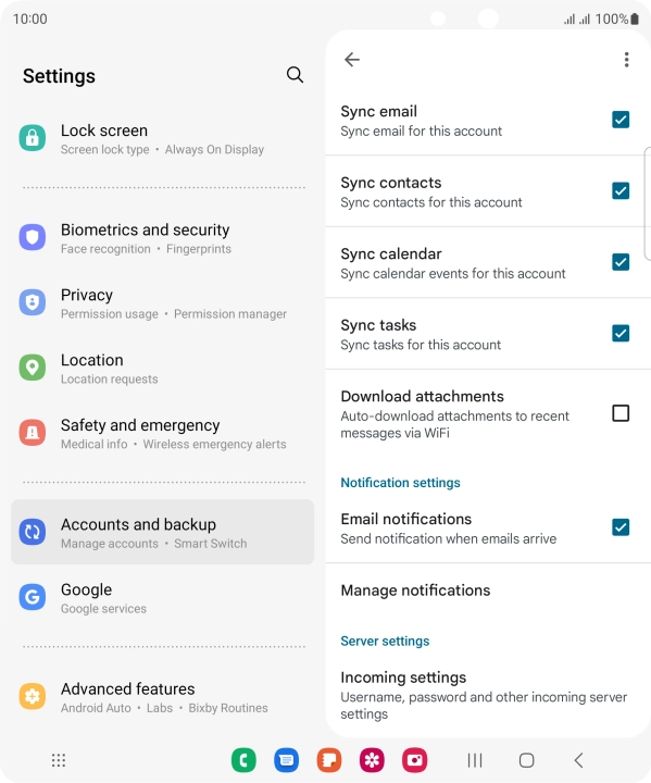 Press the fields next to the required data types to turn synchronisation on or off.