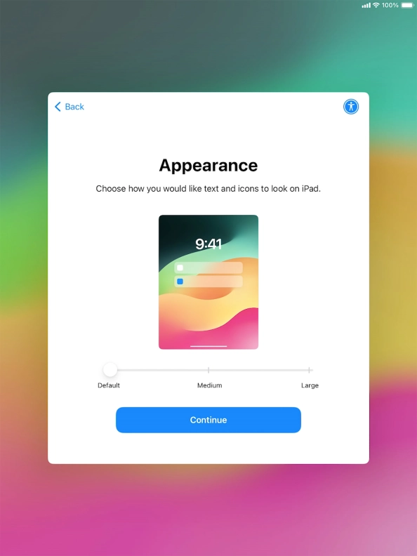 Select the required text and icon size on your tablet and press Continue.