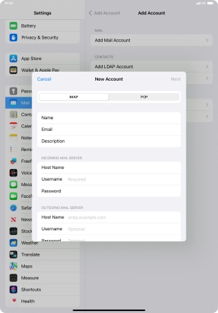 Press Username and key in the username for your email account.