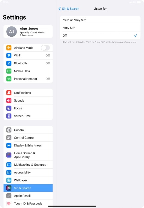 Press the required setting to turn the function on or off. If you turn on the function, you need to follow the instructions on the screen to set up Siri to recognise your voice.