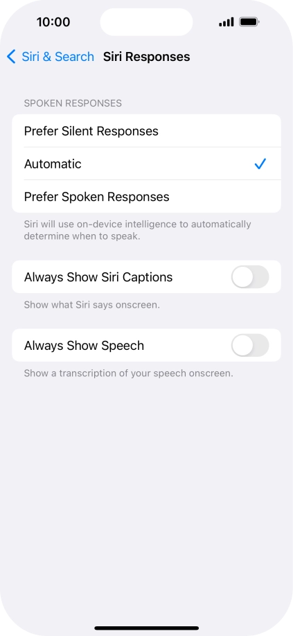 Press the required setting.