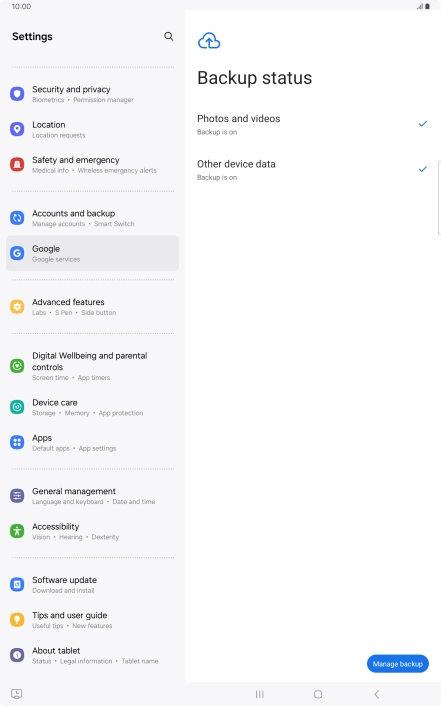Press Manage backup.