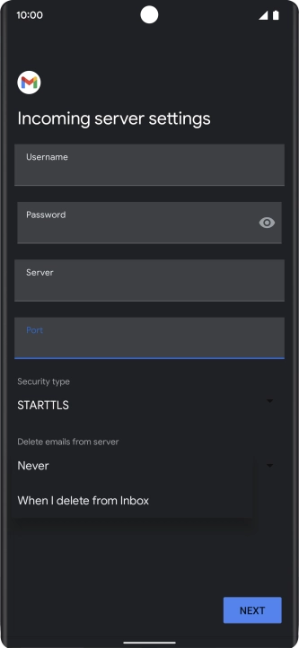 Press Never to keep email messages on the server when you delete them on your phone.