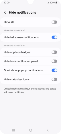 Press the indicators next to the required settings to turn display of the selected notification types on or off.
