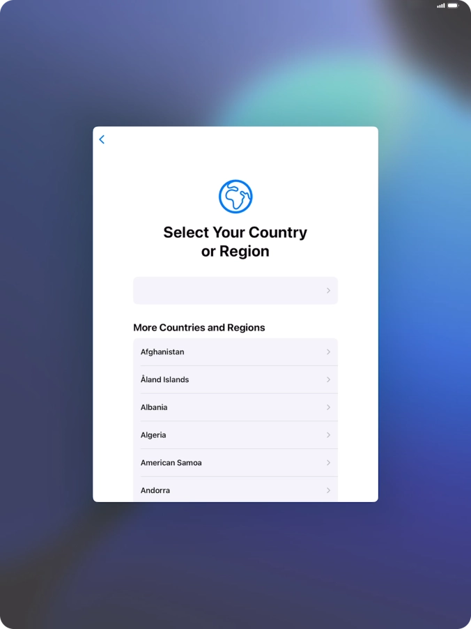 Press the required country or area. Press the required country or area.