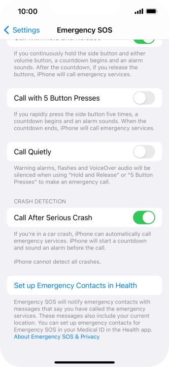 Press Set up Emergency Contacts in Health and follow the instructions on the screen to key in your emergency info and emergency contacts. Press Set up Emergency Contacts in Health and follow the instructions on the screen to key in your emergency info and emergency contacts.