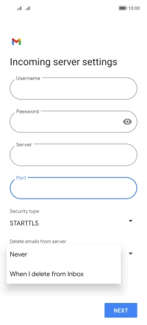 Press Never to keep email messages on the server when you delete them on your phone.