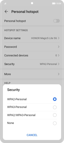 Press WPA3-Personal to password protect your Wi-Fi hotspot.