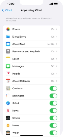 Press the indicators next to the required data types to turn synchronisation of each data type on or off.