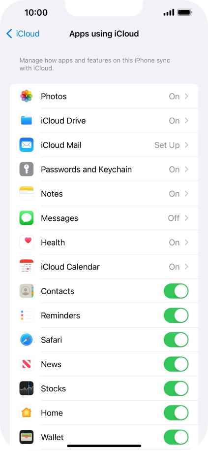 Press the indicators next to the required data types to turn synchronisation of each data type on or off.
