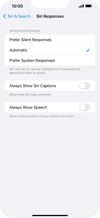 Press the required setting.