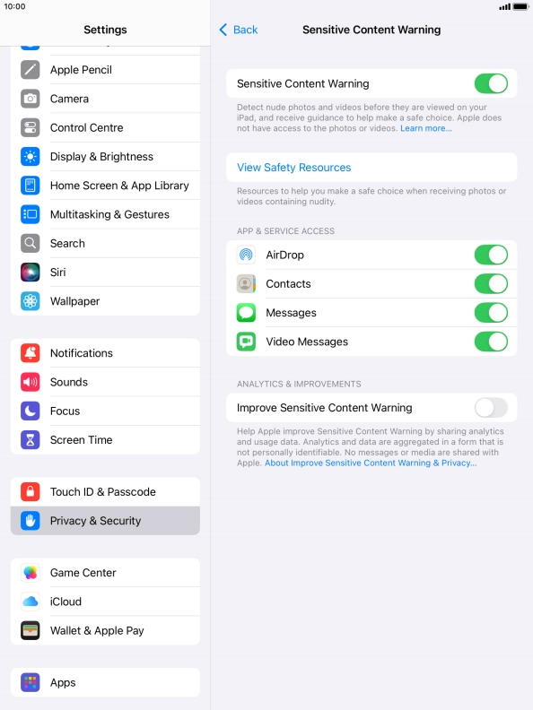 Press the indicators next to the required applications to turn the function on or off.