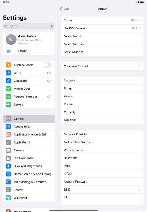 Your tablet's software version is displayed next to iPadOS Version.