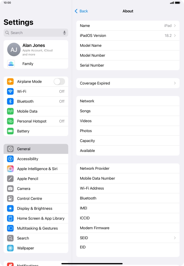 Your tablet's software version is displayed next to iPadOS Version.