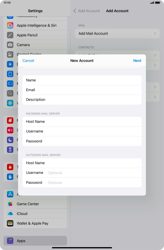 Press Username and key in the username for your email account.