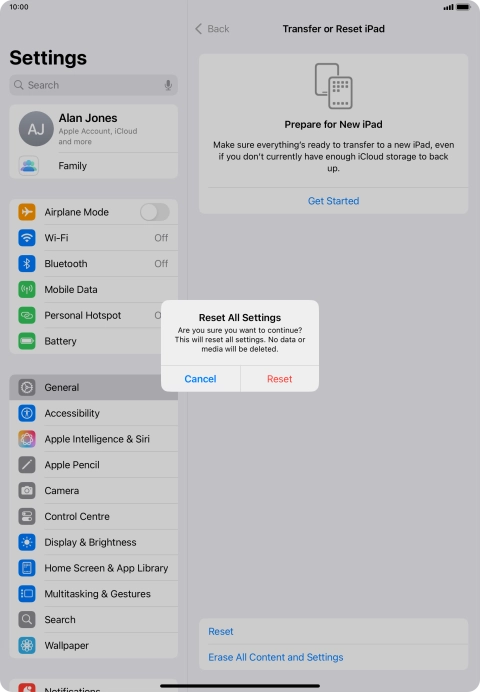Press Reset. Wait a moment while the factory default settings are restored. Follow the instructions on the screen to set up your tablet and prepare it for use. Press Reset. Wait a moment while the factory default settings are restored. Follow the instructions on the screen to set up your tablet and prepare it for use.