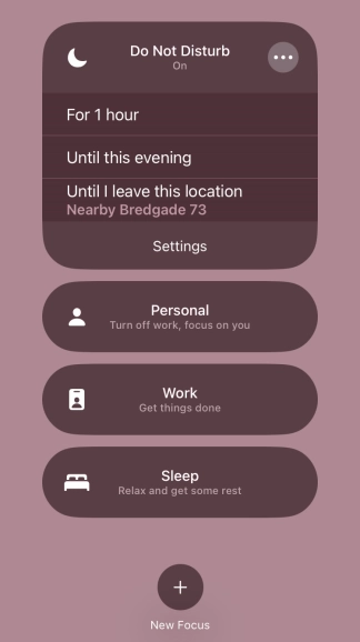 Press the required setting to activate the selected focus mode for a specified period of time or until you leave your current location.