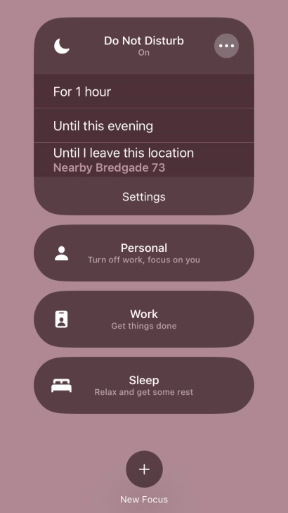 Press the required setting to activate the selected focus mode for a specified period of time or until you leave your current location.
