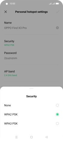 Press WPA3 PSK to password protect your Wi-Fi hotspot. Press WPA3 PSK to password protect your Wi-Fi hotspot.