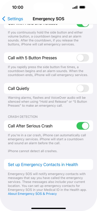 Press Set up Emergency Contacts in Health and follow the instructions on the screen to key in your emergency info and emergency contacts.