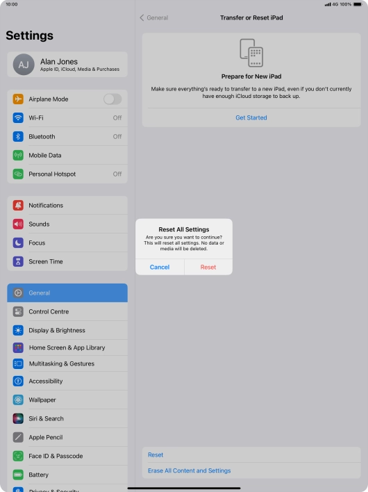 Press Reset. Wait a moment while the factory default settings are restored. Follow the instructions on the screen to set up your tablet and prepare it for use.