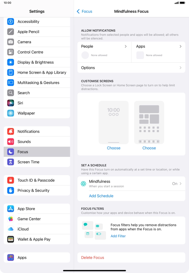 Press People and follow the instructions on the screen to select which contacts you would like to receive calls and notifications from when the selected focus mode is active.