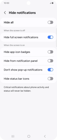Press the indicators next to the required settings to turn display of the selected notification types on or off.