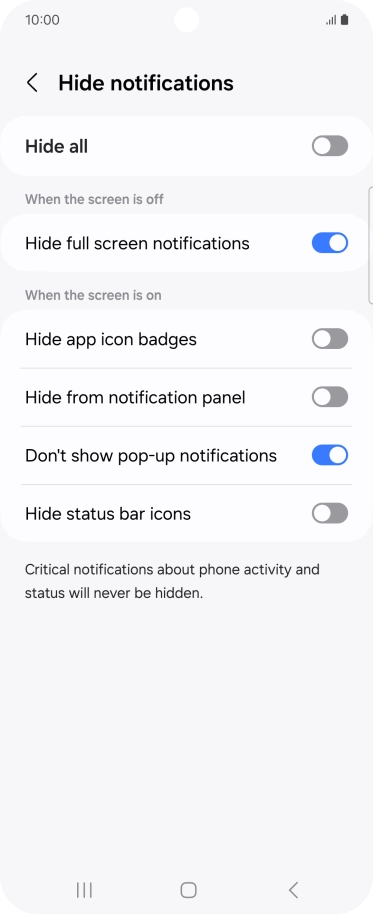 Press the indicators next to the required settings to turn display of the selected notification types on or off.