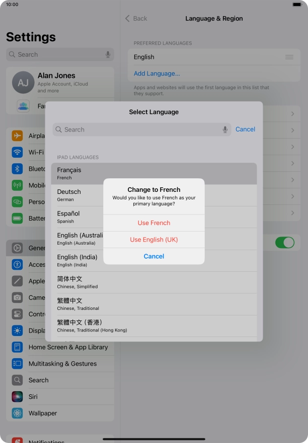 To select the new language as the default tablet language, press Use ‹language›.