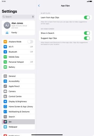 Press the indicators next to the required settings to turn them on or off.