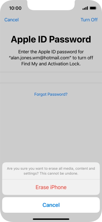 Key in the password for your Apple ID and press Erase iPhone. Wait a moment while the factory default settings are restored. Follow the instructions on the screen to set up your phone and prepare it for use. Key in the password for your Apple ID and press Erase iPhone. Wait a moment while the factory default settings are restored. Follow the instructions on the screen to set up your phone and prepare it for use.