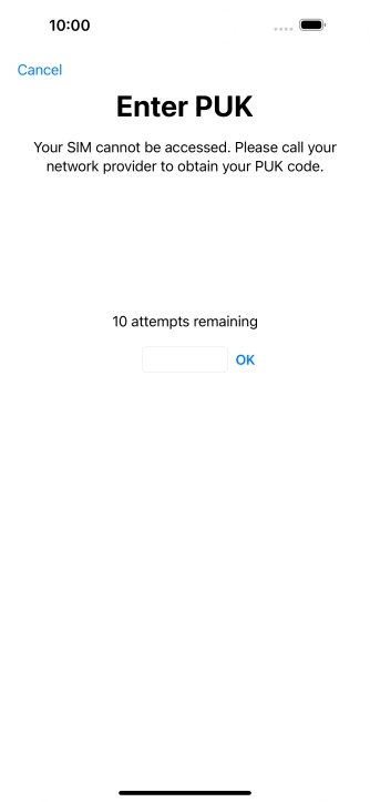 Key in the PUK and press OK.