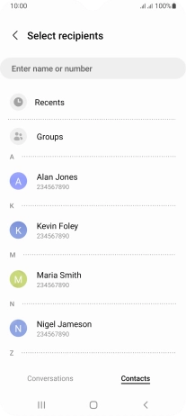 Press the search field and key in the first letters of the recipient's name.