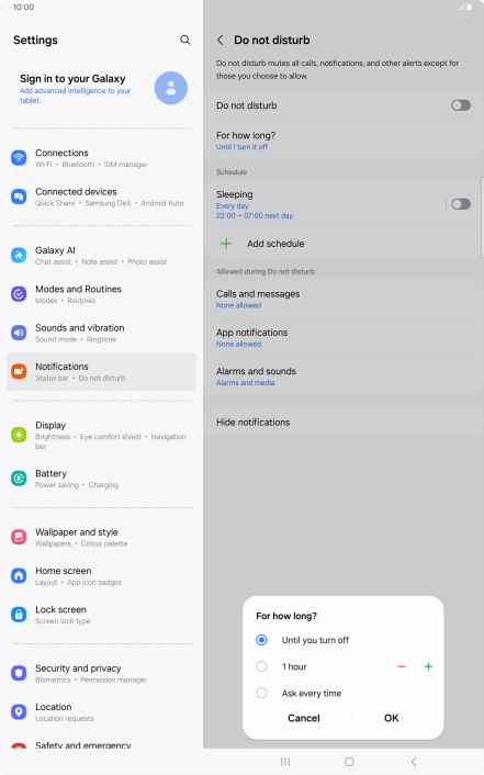 Press the required setting.