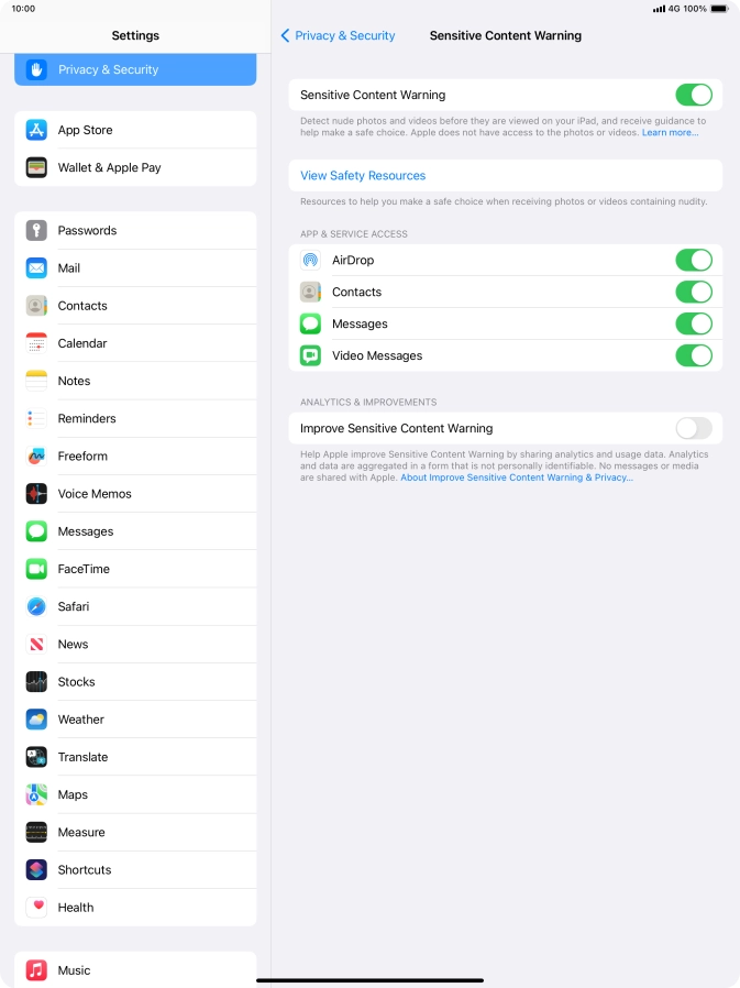 Press the indicators next to the required applications to turn the function on or off.