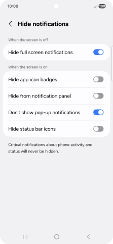Press the indicators next to the required settings to turn display of the selected notification types on or off.