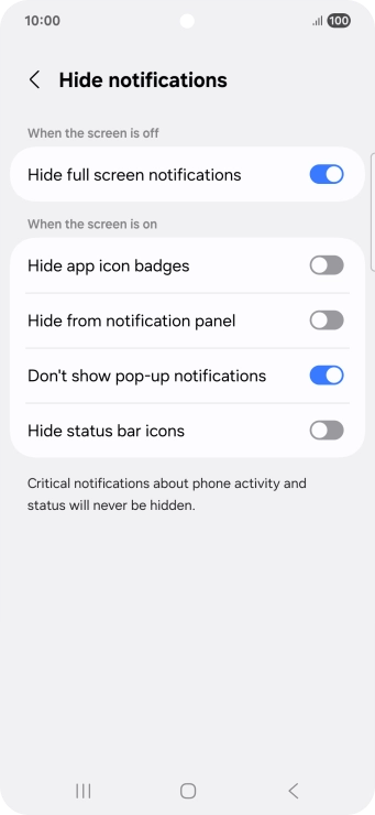 Press the indicators next to the required settings to turn display of the selected notification types on or off.