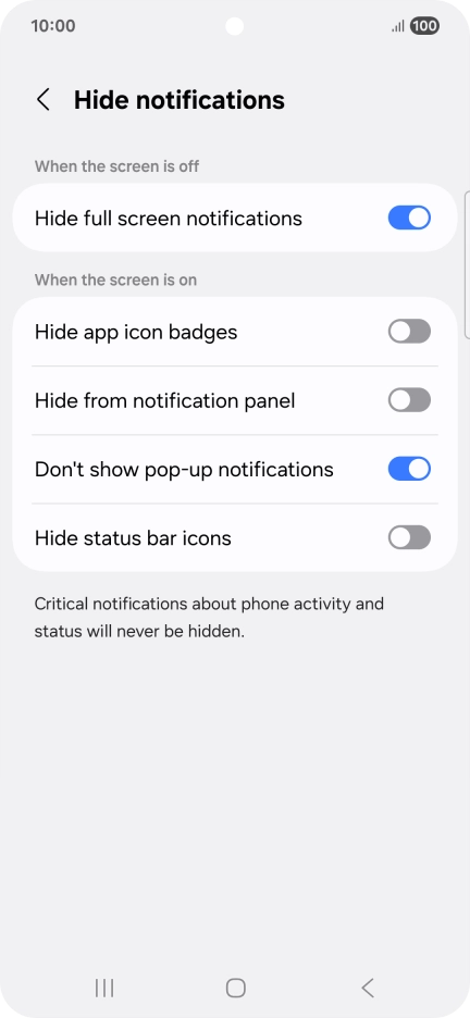 Press the indicators next to the required settings to turn display of the selected notification types on or off.