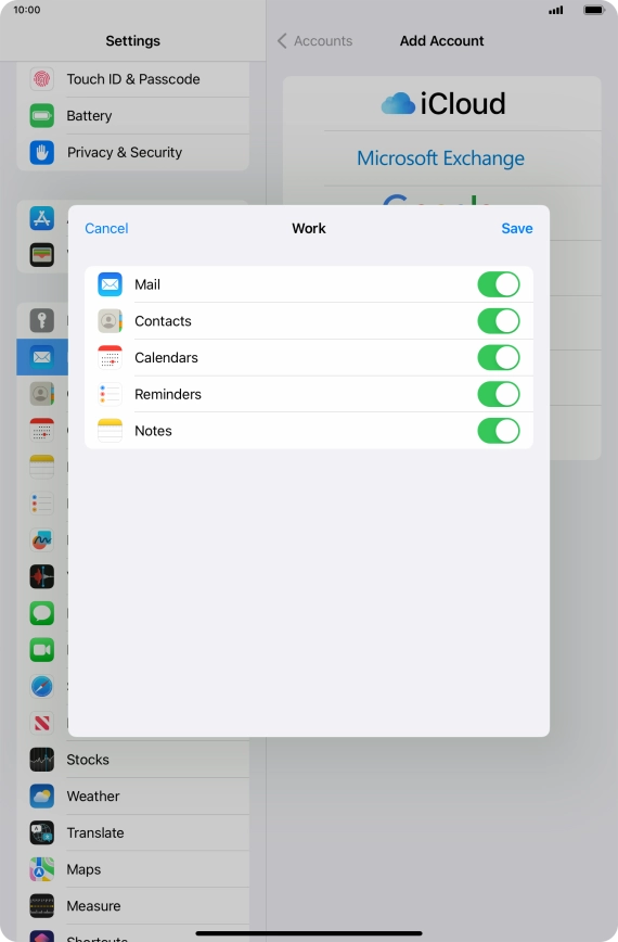 Press the indicators next to the required data types to turn synchronisation of each data type on or off.