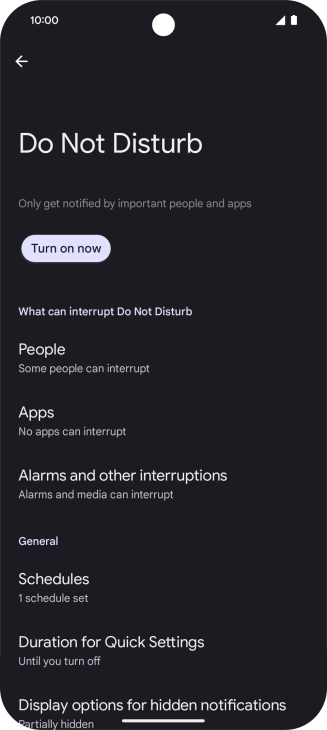 Press Turn on now to turn the function on or off.