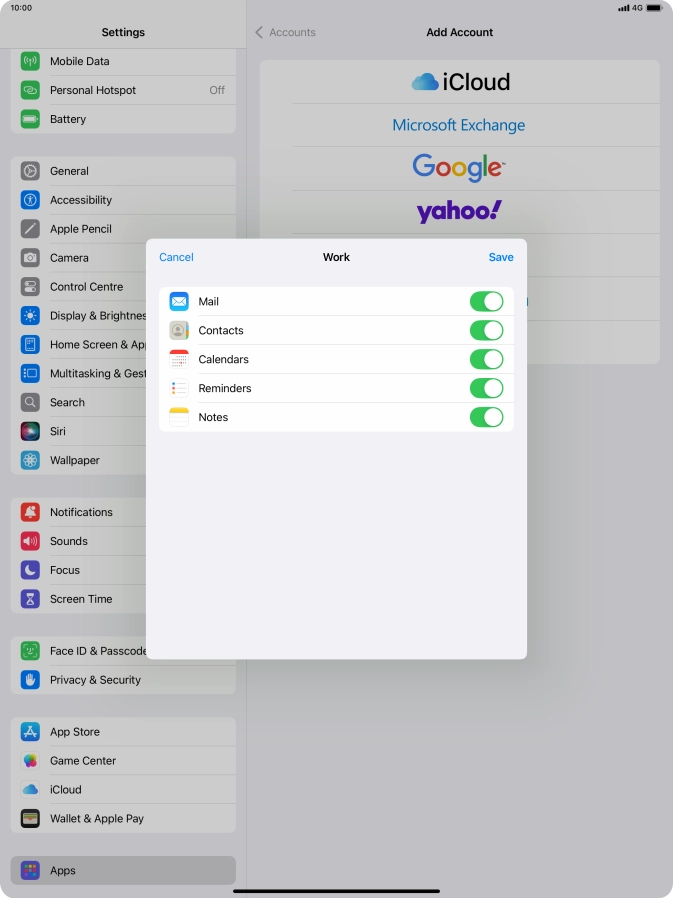 Press the indicators next to the required data types to turn synchronisation of each data type on or off.