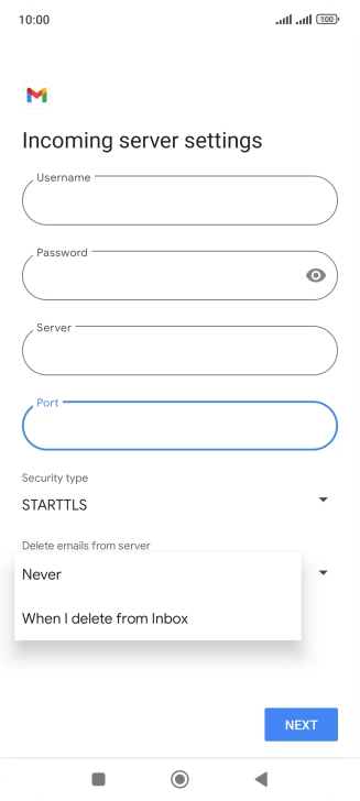 Press Never to keep email messages on the server when you delete them on your phone.