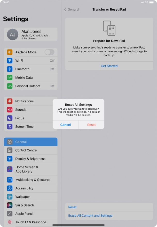 Press Reset. Wait a moment while the factory default settings are restored. Follow the instructions on the screen to set up your tablet and prepare it for use.