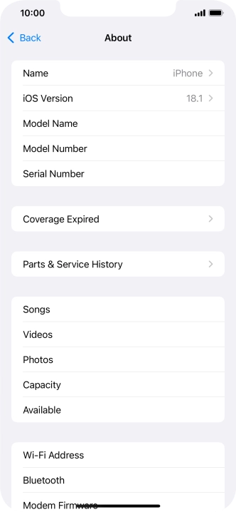 Your phone's software version is displayed next to iOS Version.