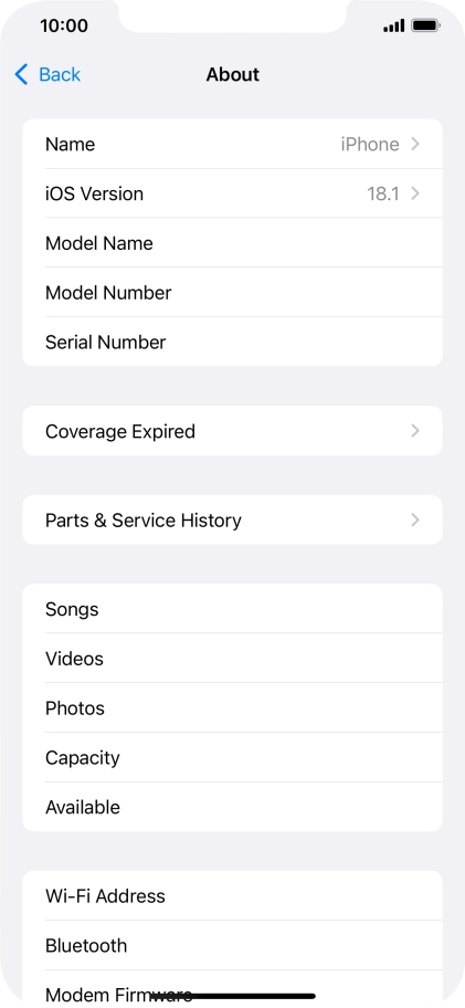 Your phone's software version is displayed next to iOS Version.