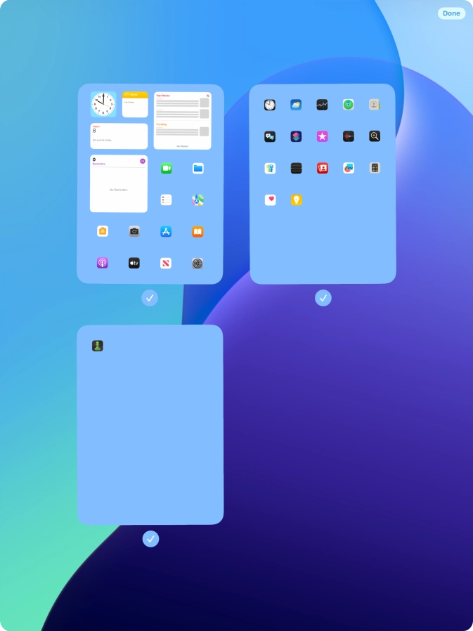 Press the field below the required home screen page to turn page view on or off. Press the field below the required home screen page to turn page view on or off.