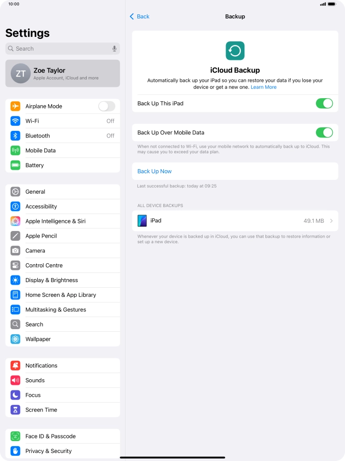 Press Back Up Now and wait while the tablet memory is backed up.